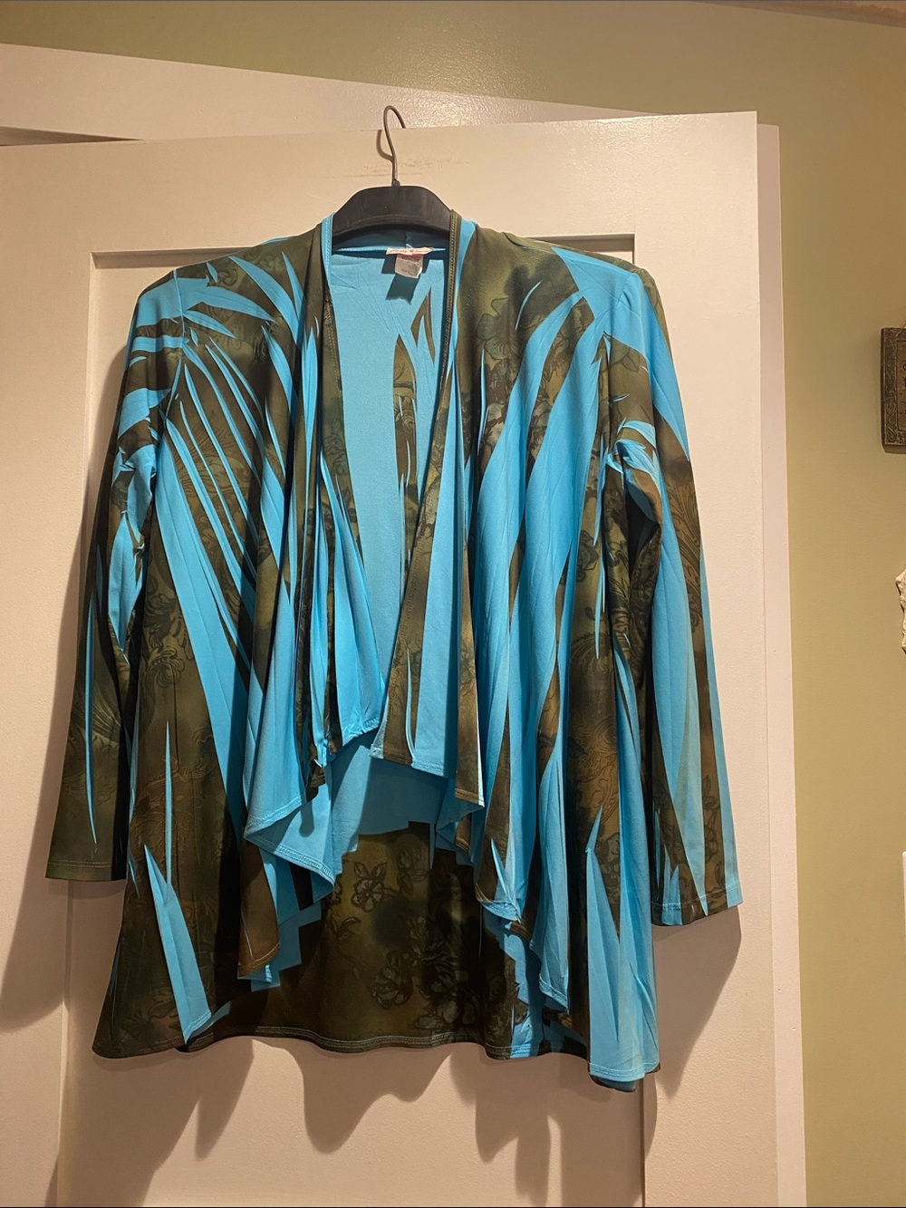 Women's Blue and Olive Draped Open-Front Cardigan